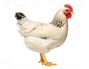 Fototapeta premium White chicken isolated on white background, full body side view of domestic hen with red comb in clean studio style