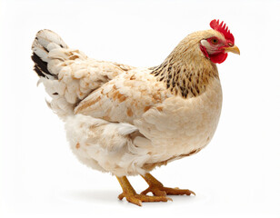 Fototapeta premium White chicken isolated on white background, full body side view of domestic hen with red comb in clean studio style