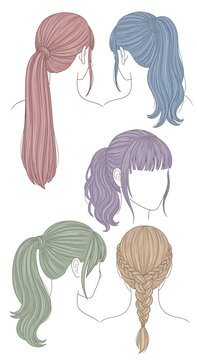 Collection of Diverse Hairstyles: Ponytails, Braid, Bangs in Pastel Colors