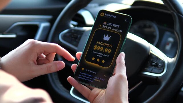 User hits the grand prize on a smartphone betting app. Sequence shows clicking Play Now followed by a Jackpot win screen. Ideal for app marketing, fintech, and online entertainment videos. Modern