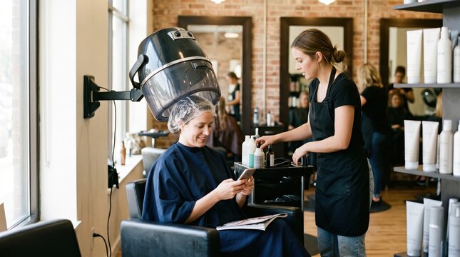 Woman sitting under hair dryer in salon getting styled by attendant