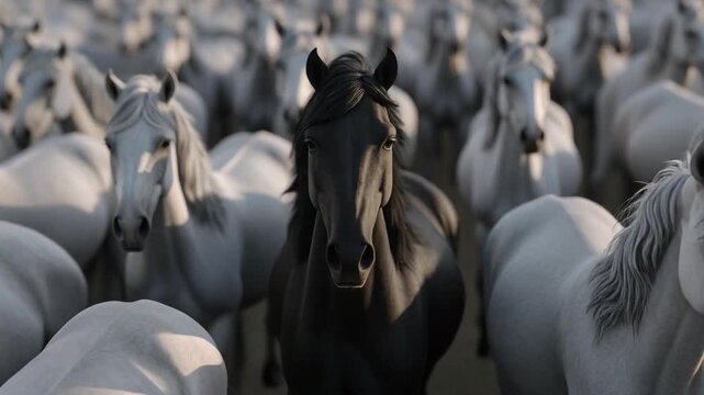 Striking Black Horse Standing Out Among Numerous White Equines in an Open Field