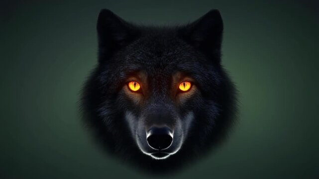 Digital Illustration of an Intense Black Wolf Head with Fiery Eyes in a Dark, Mysterious Setting