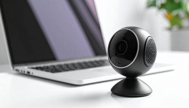 A small black security camera sits on a white desk next to an open laptop computer.