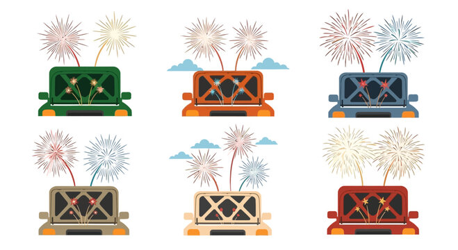 Colorful Fireworks Display Over Diverse Car Models, Celebration Concept
