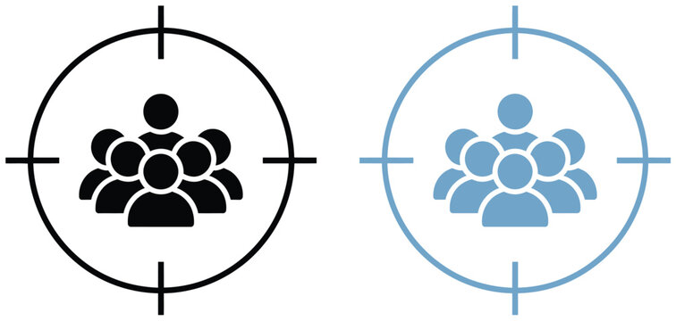 Target people icon set, marketing audience symbols, demographic targeting and strategy signs, customer segmentation and business analytics
