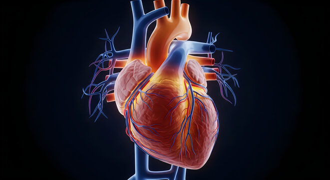 Anatomical illustration of the human heart with major blood vessels