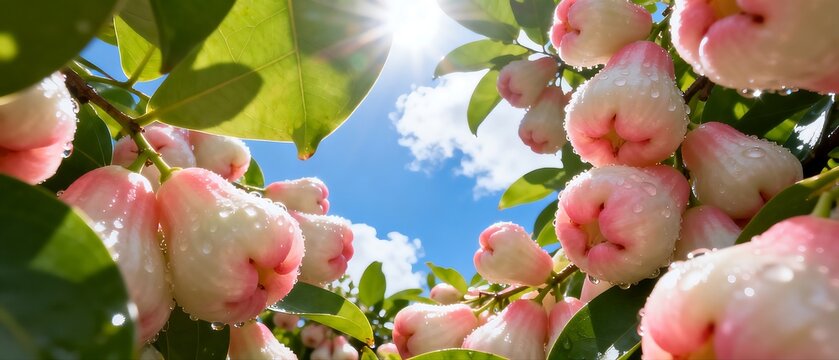 Ripe Pink Wax Apples on Tree with Green Leaves