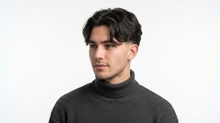 Fototapeta premium Young man wearing turtleneck sweater looking sideways in studio