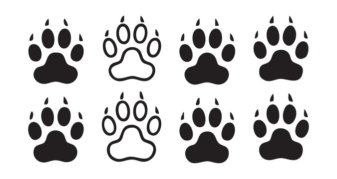 Animal footprint vector collection featuring wolf paw tracks with claws in solid and outline design