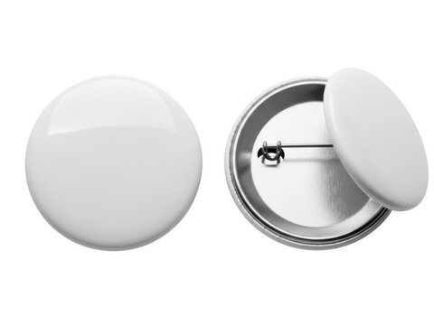 White pin-back button with shiny surface and silver metal backside isolated on transparent background