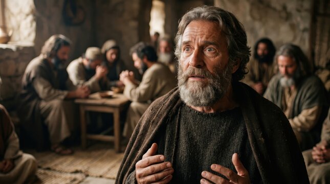 Apostle Peter sharing his escape from prison with a gathering of disciples in the house of Mary. Biblical scene depicting a miraculous release from stone jail and faith in God.