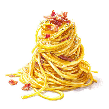 Spaghetti Carbonara watercolor vector illustration, high-quality artwork isolated on a pure white background.