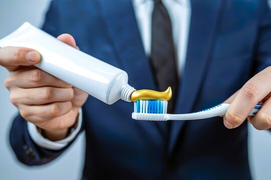 Businessman squeezing gold toothpaste from tube. Maximum profit opportunity