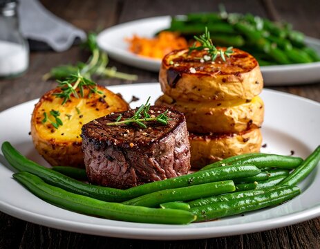 A plate of grilled steak with potatoes and green beans