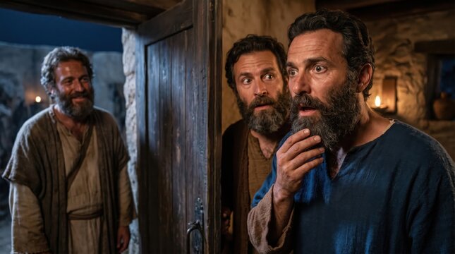 Saint Peter standing at the doorway of a house where believers gathered for prayer. Apostles reacting with amazement and astonishment after his miraculous escape from prison. Biblical scene.