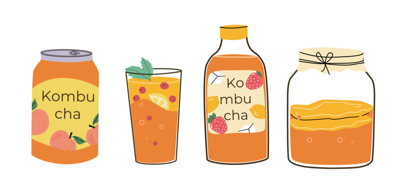 Cartoon kombucha drinks set. Fermented tea with fruits and ginger, pineapple, orange, lemon.