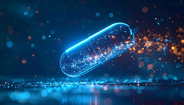Glowing blue capsule spills sparkling particles on reflective surface at night
