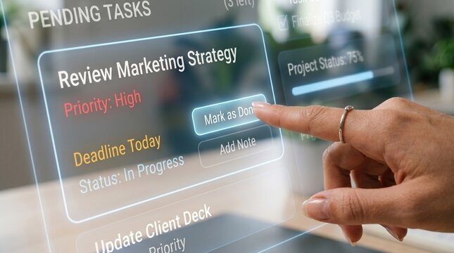 Business professional managing a high priority marketing task on a futuristic holographic touchscreen display