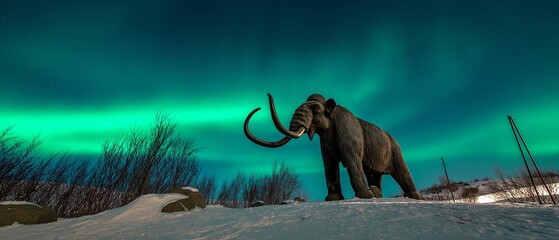 Fototapeta premium Arctic scenery. A mammoth statue with the northern lights in the background.