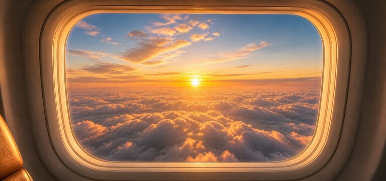 Sunset sky through airplane window view aircraft interior passenger perspective airplane cabin clouds