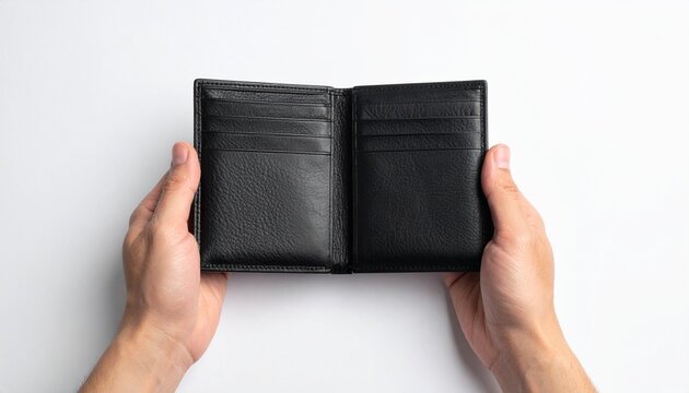 Man holds an empty black leather wallet on a white table from above