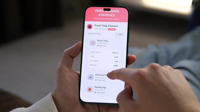 Monitoring viral success. Influencer scrolls through a professional blogger dashboard at home. Displays metrics for likes, comments, and monthly earnings. Perfect for creator economy and