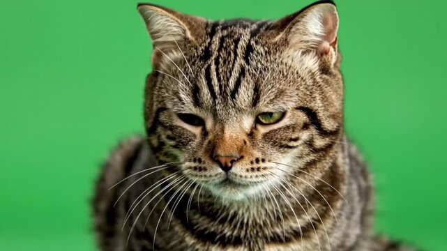 Tabby cat on green background highlighting geometric patterns and contemporary art