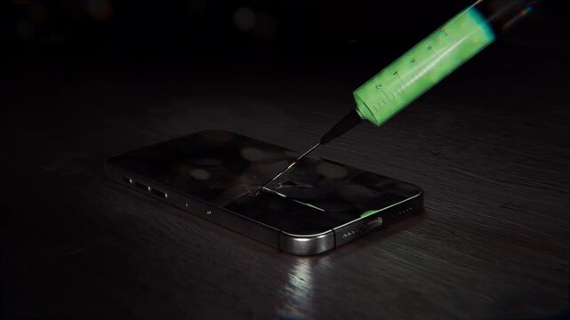 A syringe penetrates a smartphone screen on a dark desk, injecting a glowing green liquid. A 3D animation visualizing a cyber attack, malware infection, virus installation, and digital threats.