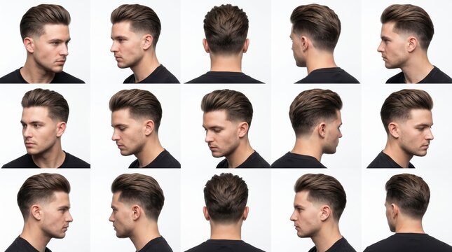 A man with various hairstyles and facial expressions is shown in multiple angles and views.
