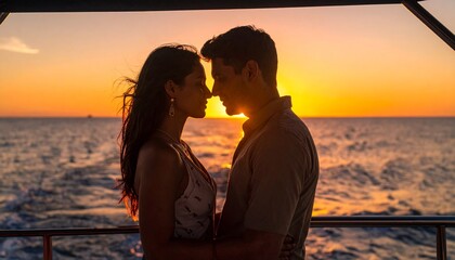 Fototapeta premium Couple faces meet on vacation cruise during beautiful sunset over ocean