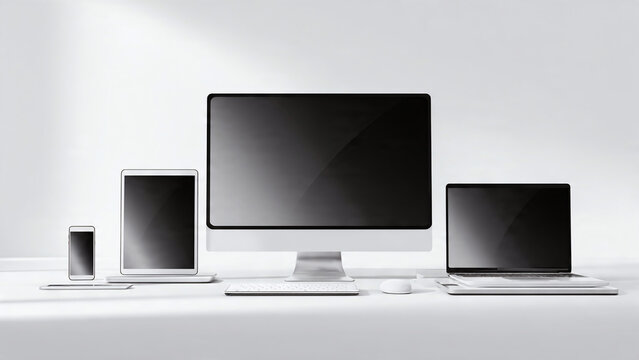 Modern device mockup set smartphone tablet desktop monitor laptop on white background, concept for responsive design, app
