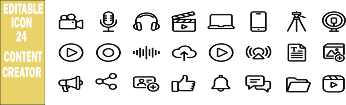Content creator icon set. Editable line icons. Vector illustration.
