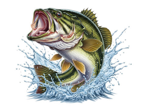 Large mouth bass fish jumping out of water with splash isolated on transparent background