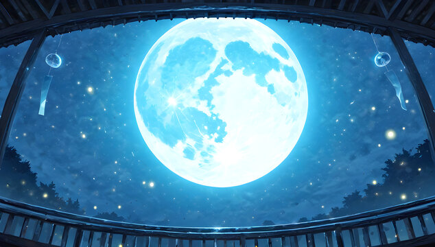 夏の夜に輝く風鈴と満月の幻想風景