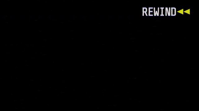A VHS video tape rewind screen on a black background displaying REWIND, featuring retro analog visuals, tape playback effects, and nostalgic glitch motion.