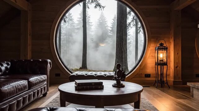 Cozy cabin interior with forest view highlighting premium dining and culinary arts