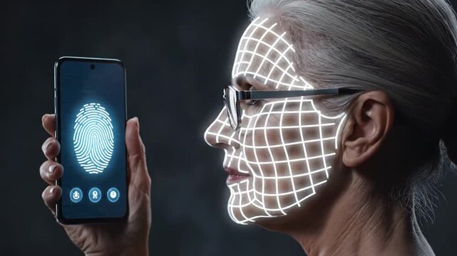 Older woman using phone with fingerprint scan perfect for IT presentations and tech marketing