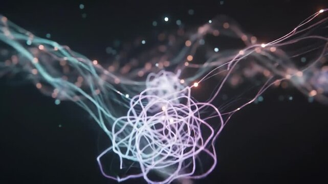 Delicate pastel filaments and soft bokeh lights drift across a dark, blurred background, tiny luminous sparks clinging to tangled strands, evoking a dreamy, otherworldly web of light. softly