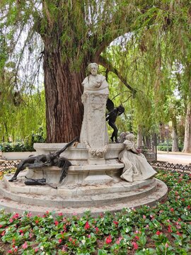 Becquer monument with marble and bronze sculptures in Parque Maria Luisa, Seville, Spain