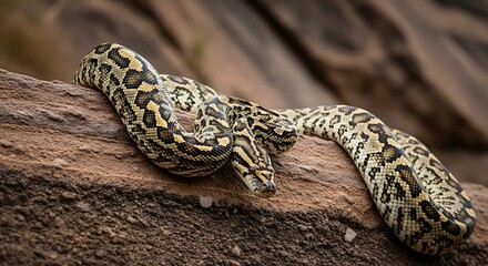 Fototapeta premium A snake with yellow and black spots is coiled on a rocky surface in a natural landscape.