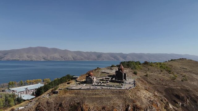 Sevanavank Church with Blue Lake Sevan and Mountain Hills