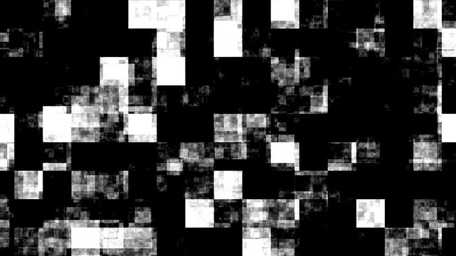 Seamless abstract loop of chaotic black and white pixel blocks with digital glitch noise and distortion.