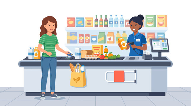 Woman buys groceries from cashier at store checkout counter with bags