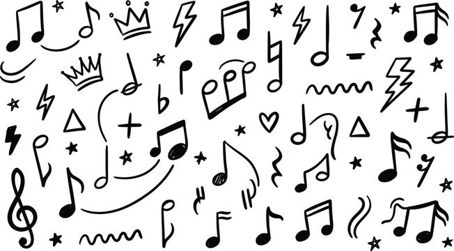 Hand drawn doodle music notes and symbols set with treble clef stars crowns lightning bolts and hearts in black line art vector illustration design.