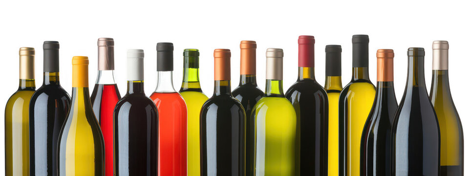 A row of various wine bottles with different colors of glass and labels isolated on a transparent background