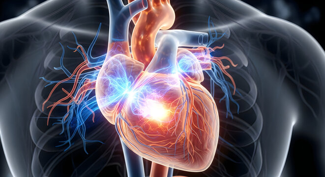 Anatomical illustration of the human heart and surrounding vasculature