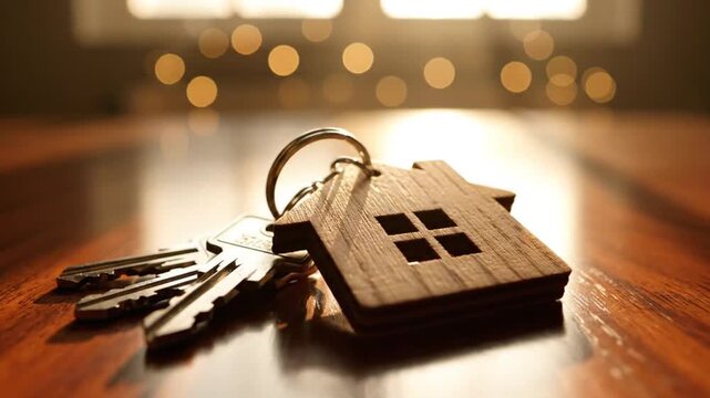 Keychain with house shape on wooden table for creative digital media and visual arts