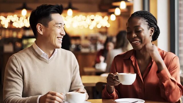 Diverse man and woman conversing over coffee in a cafe