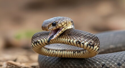 Fototapeta premium A snake is coiled on the ground with its mouth open in a threatening posture in a natural environment.